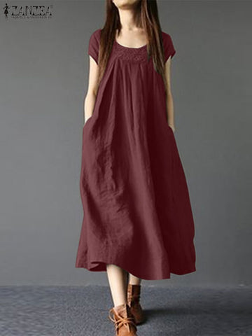 ZANZEA Summer Vintage Dress Women Casual Midi Sundress Robe Femme Solid Party Vestido Short Sleeve Lace Patchwork Kaftan Dresses