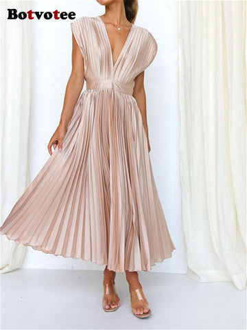 Botvotee Pleated Maxi Dresses for Women 2023 New Fashion Casual Sleeveless V Neck Summer Dress Elegant Vintage Loose Y2k Dress