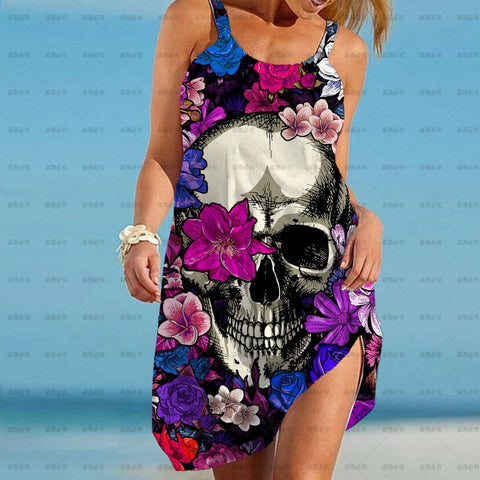 Punk Summer Dress Women Gothic 2022 Suspender Sleeveless Skull flower Print Mini Dresses Streetwear Vestidos Mujer Sundress