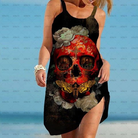 Punk Summer Dress Women Gothic 2022 Suspender Sleeveless Skull flower Print Mini Dresses Streetwear Vestidos Mujer Sundress
